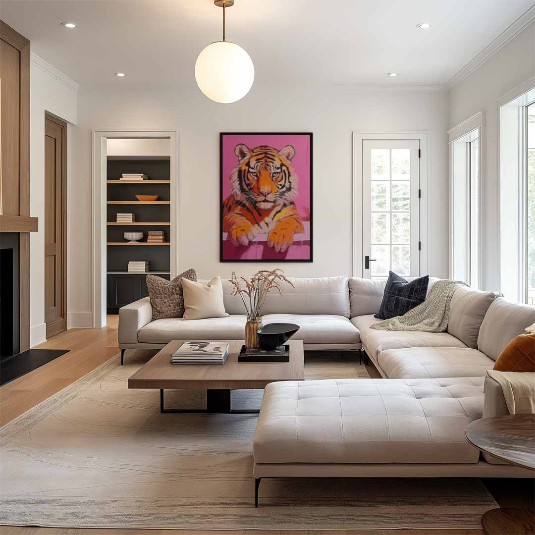 Badende Tijger op Roze Achtergrond Kunstwerk-canvas-dibond-plexiglas-wanddecoratie-WallArtistic