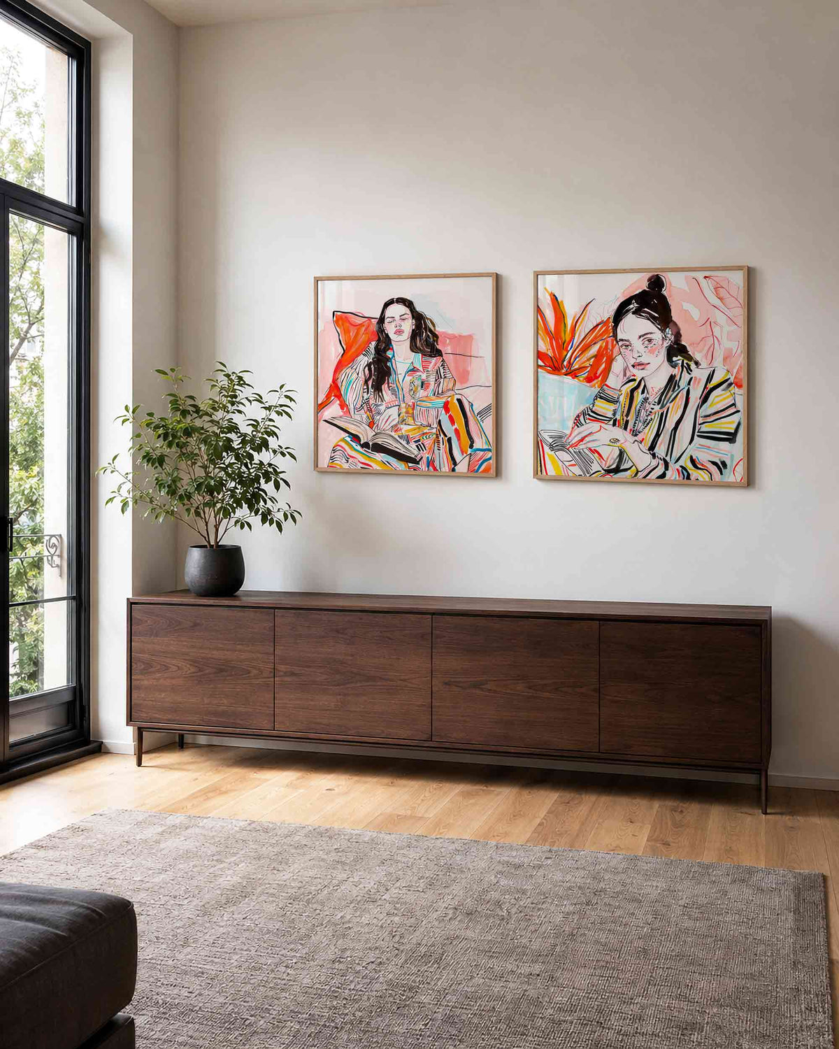 Interieurpresentatie van een tweedelige vierkante posterset met lezende vrouwen