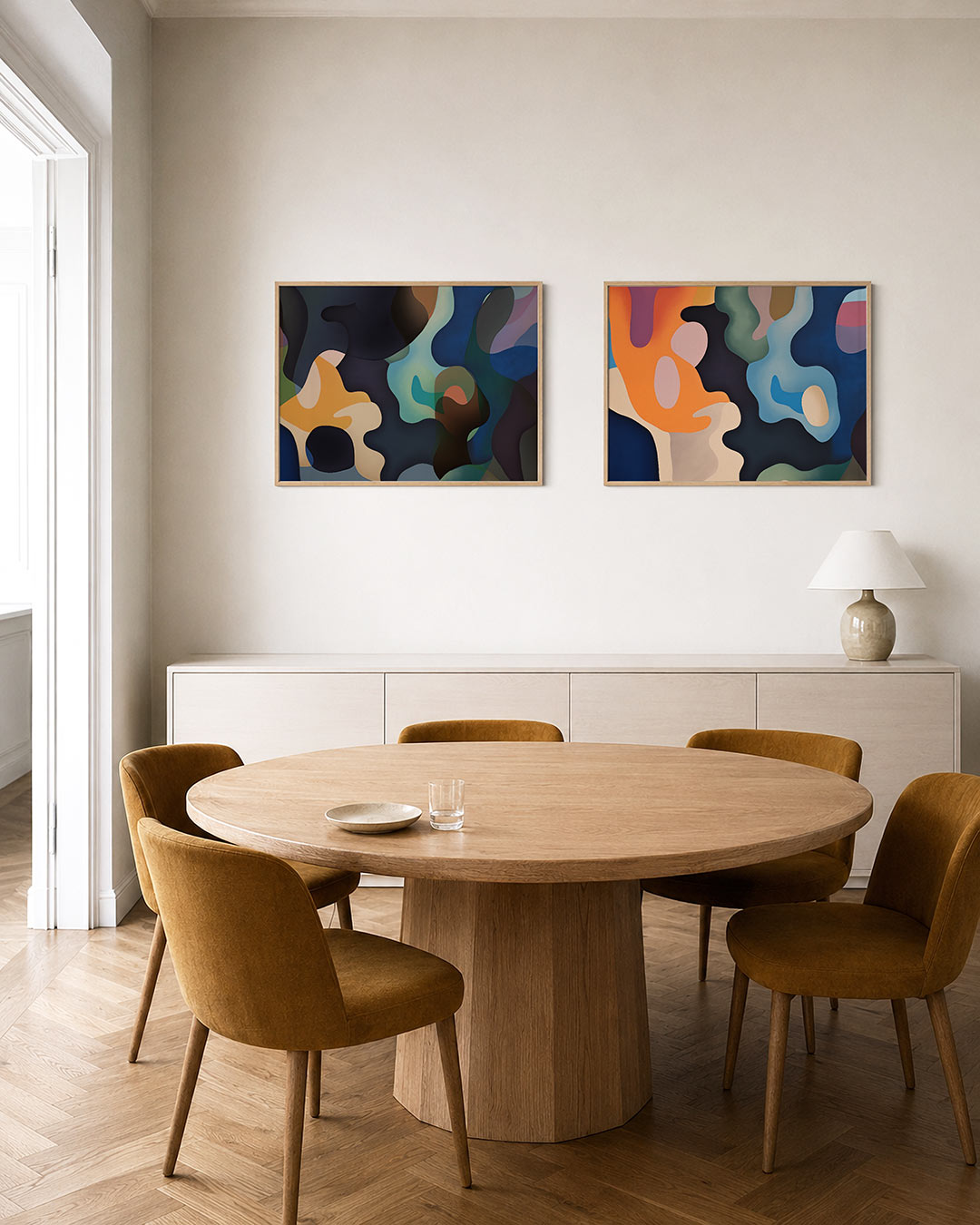 Twee liggende posters met vloeiende vormen en rijke kleuren, aan de muur in een interieur