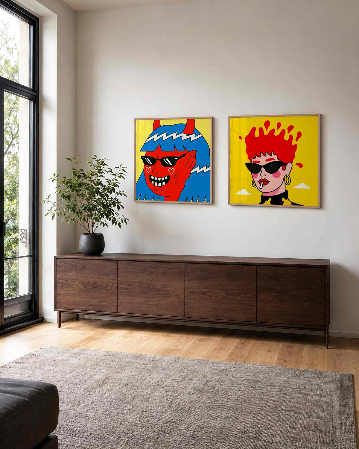 Interieurpresentatie van een tweedelige vierkante posterset met rode figuren