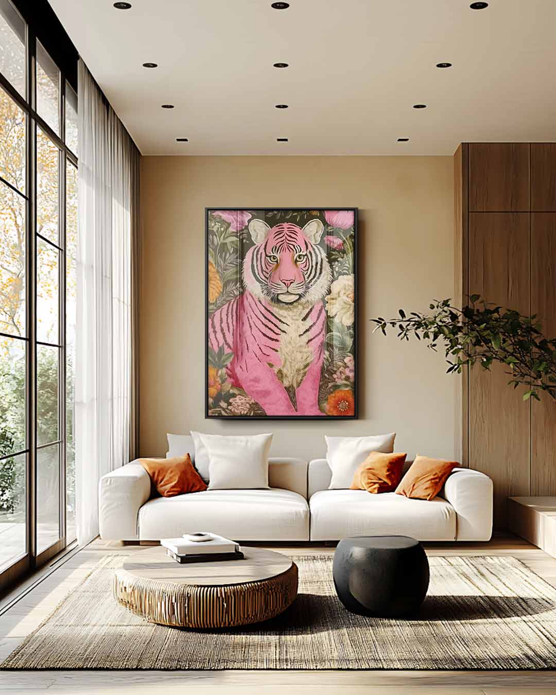 Kleurrijke Tijger in Bloementuin Kunstwerk-canvas-dibond-plexiglas-wanddecoratie-WallArtistic