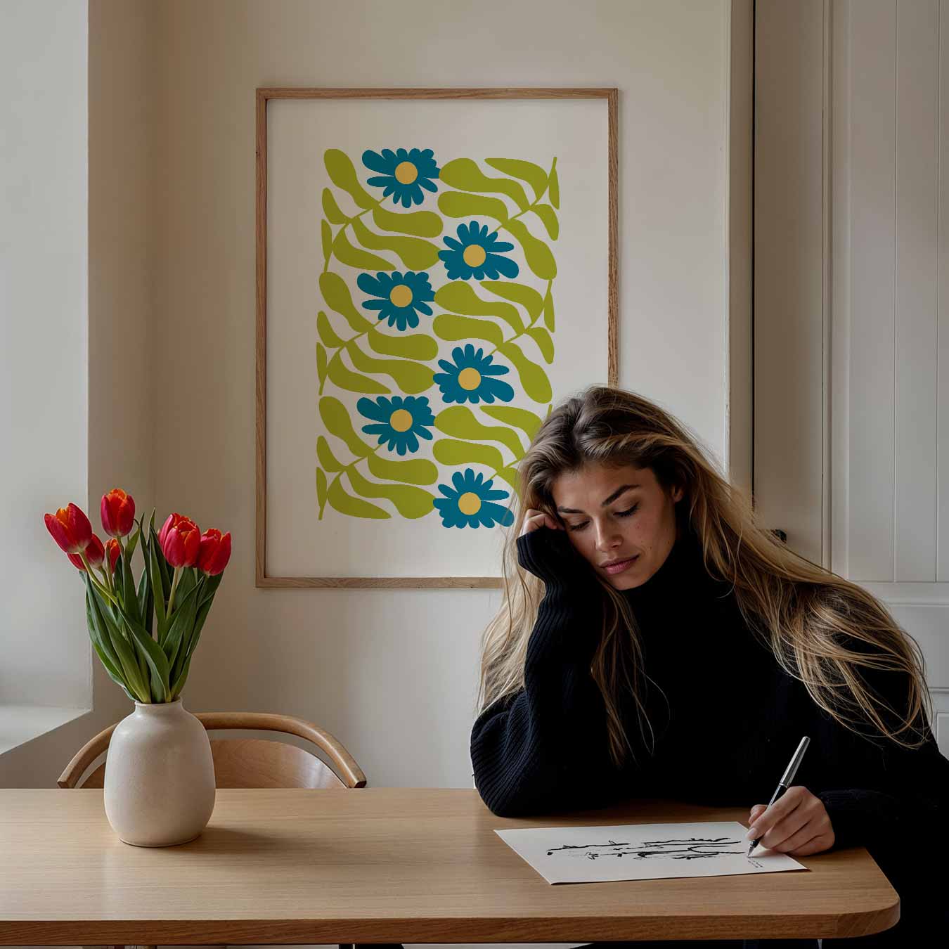 Bloemenpracht in Blauw en Groen Poster-WallArtistic