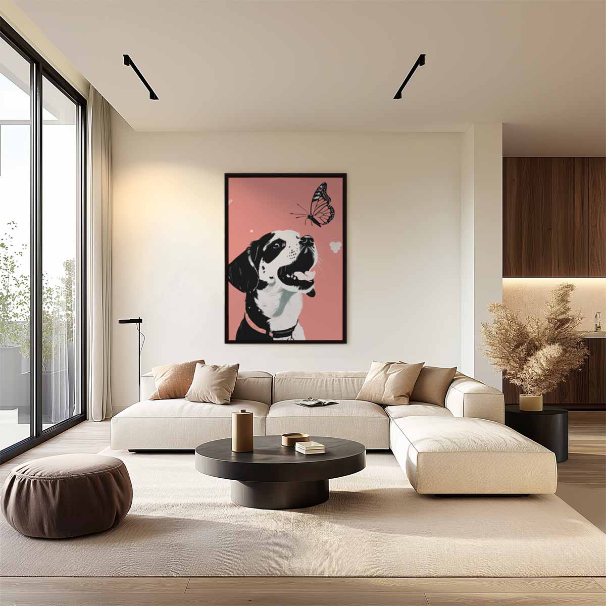 Vrolijke Puppy Met Vlinder Kunstwerk-canvas-dibond-plexiglas-wanddecoratie-WallArtistic