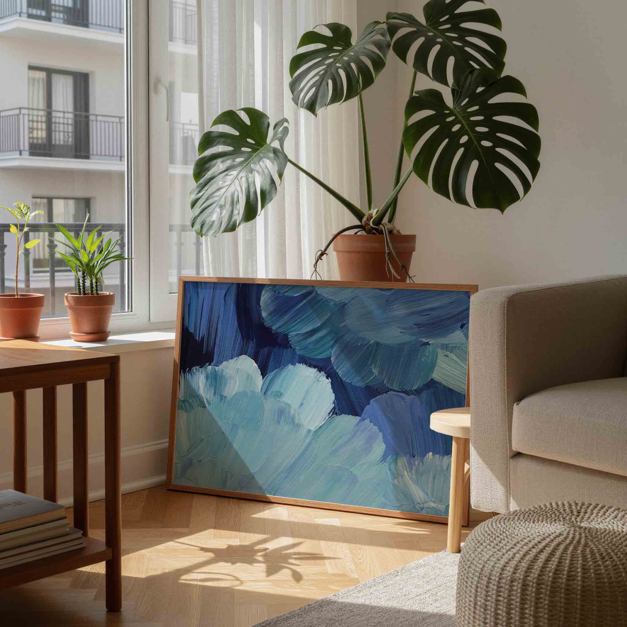 Blauwe penseelstreken Poster