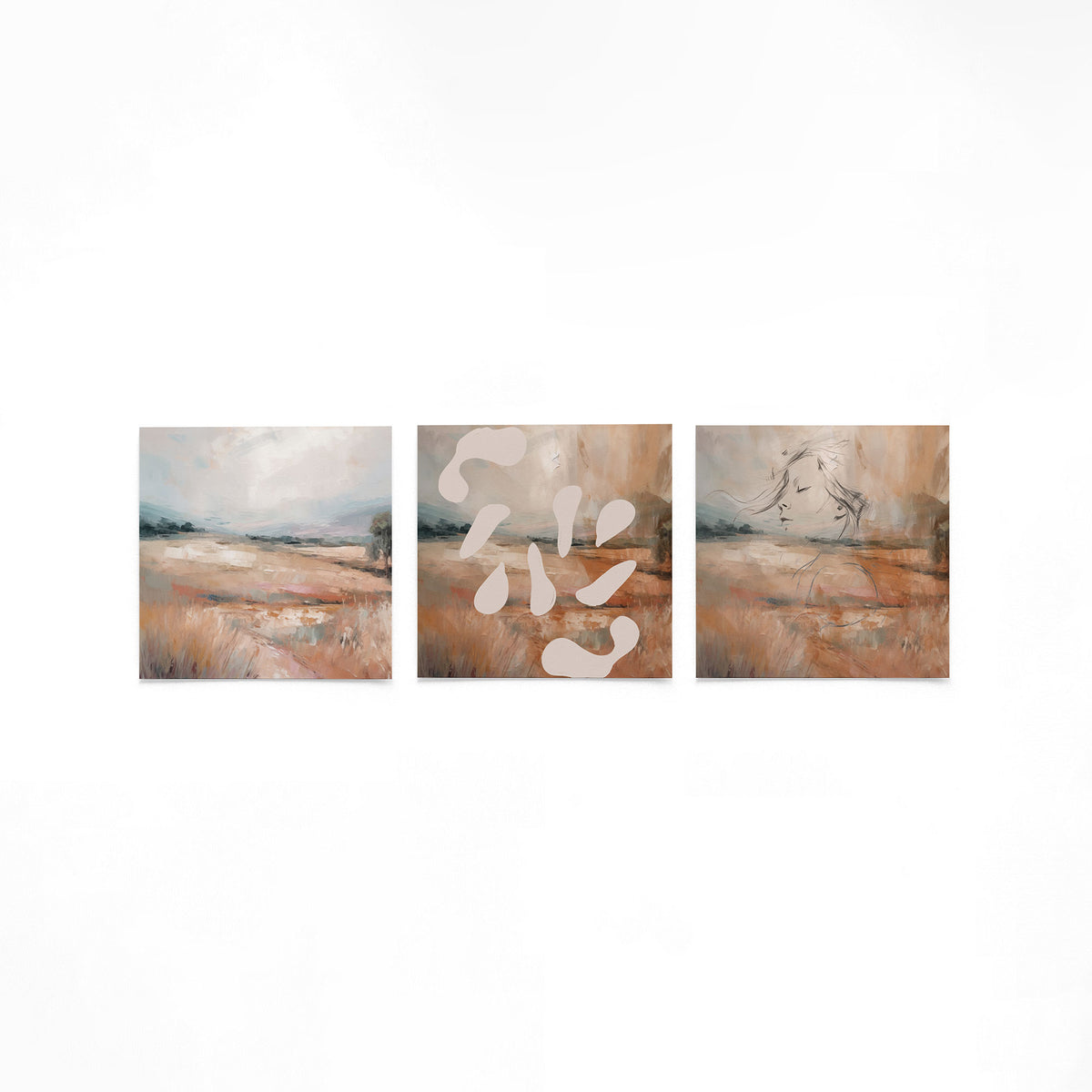 Drie vierkante posters met abstract landschap portret op een gebroken witte achtergrond