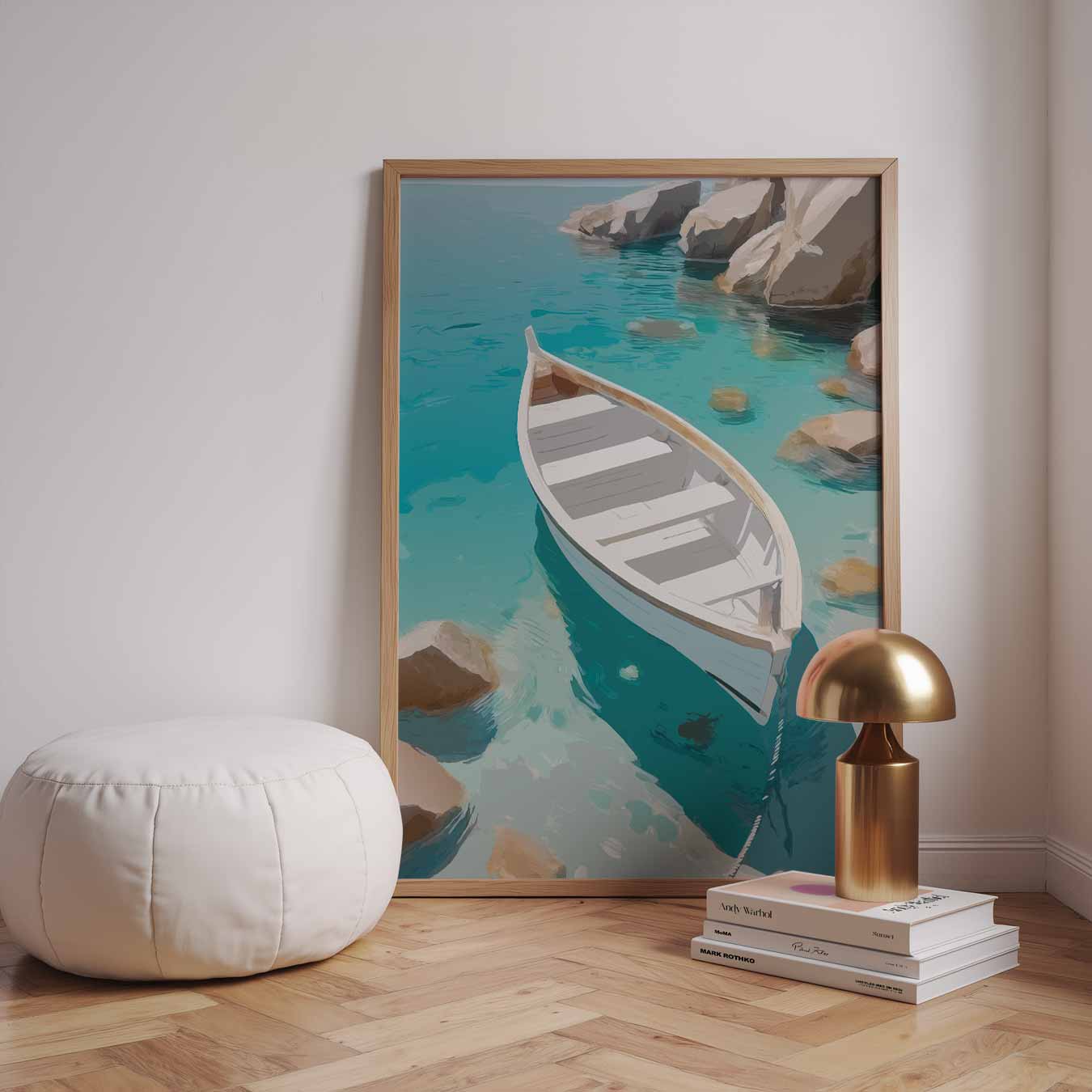 Dromerige Rotsachtige Kust met Boot Poster-WallArtistic