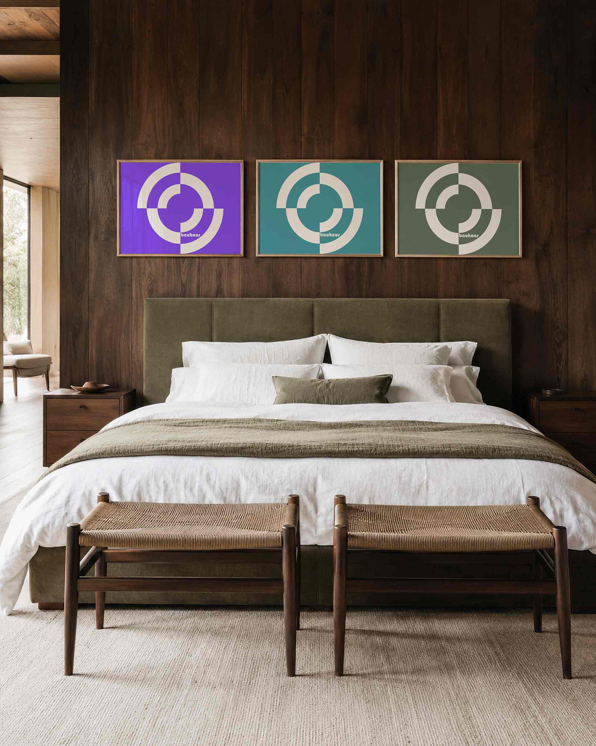 Interieurmockup van drieluik landscape-posterset met ritmische ringen in drie kleuren