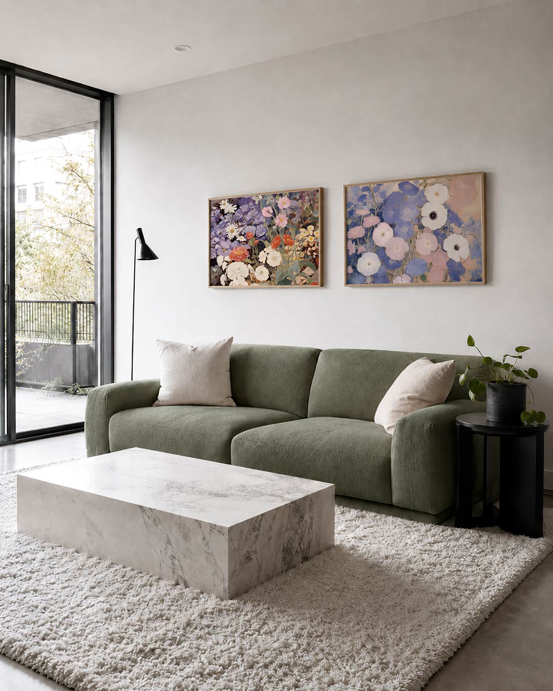 Twee liggende posters met een levendige bloemenzee met zachte pasteltinten en heldere accenten, aan de muur in een interieur