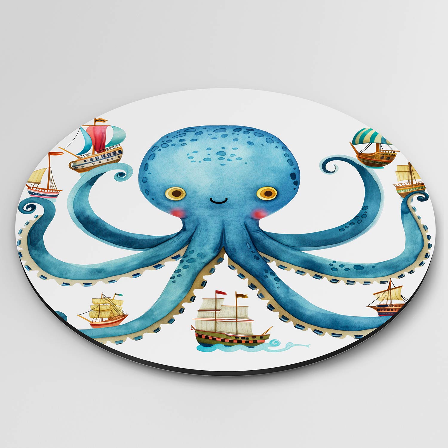 Blauwe octopus met schepen Muurcirkel