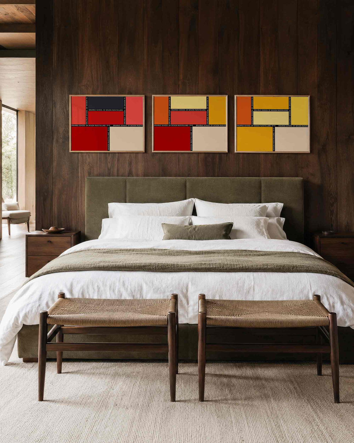 Interieurmockup van drieluik landscape-posterset met kleurvlakken met tekstbanen