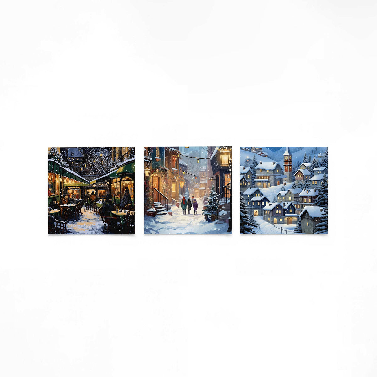 Drie vierkante posters met besneeuwde dorpen op een gebroken witte achtergrond