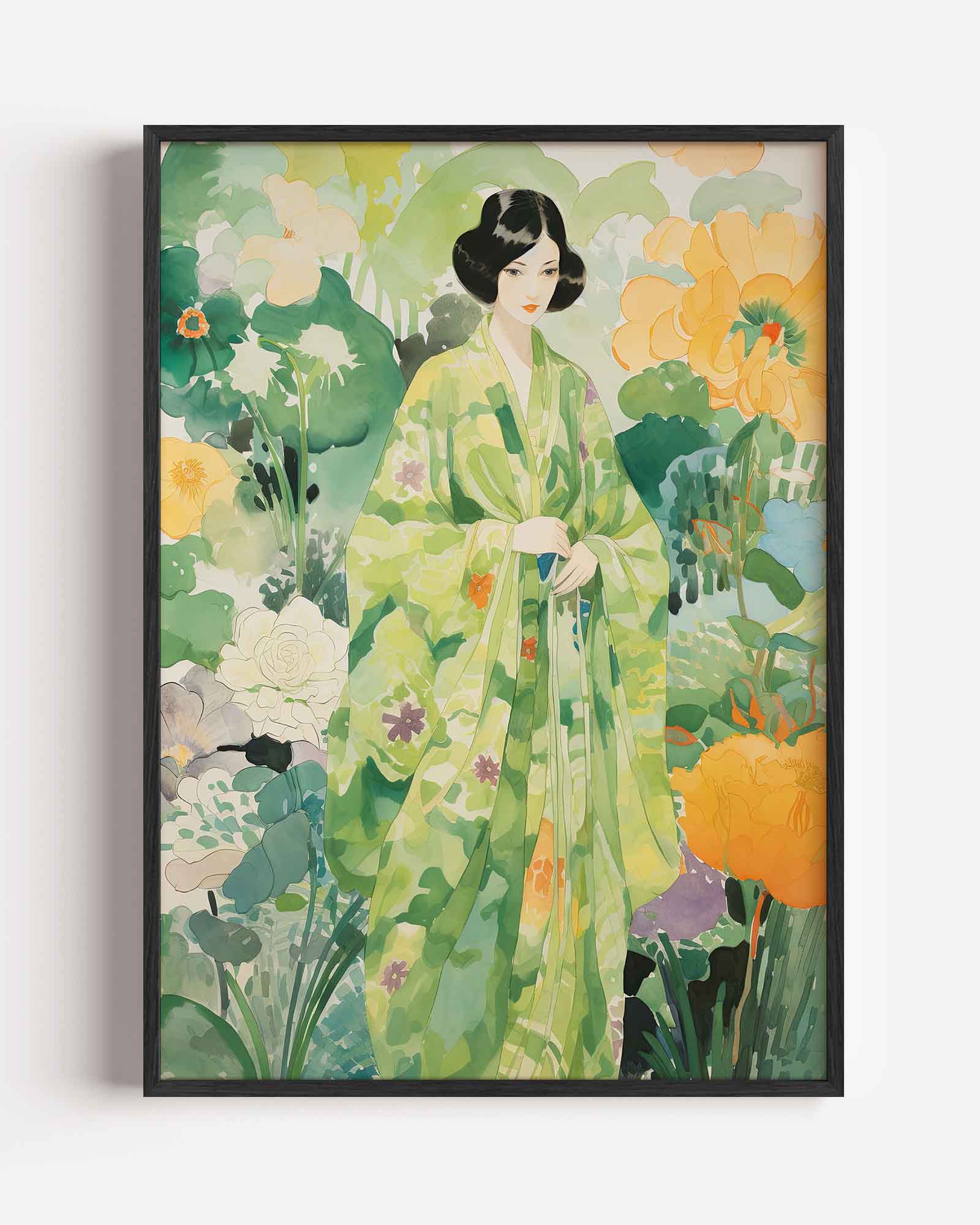 Vrouw in groene kimono Poster