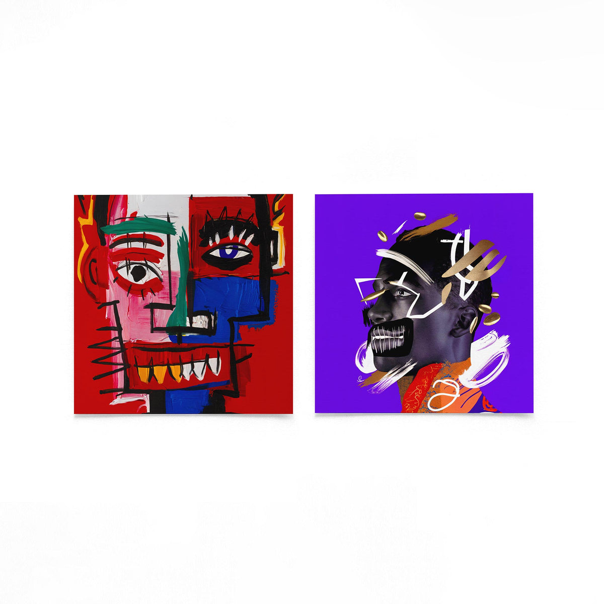 Twee vierkante posters met gezichten en portretten op een gebroken witte achtergrond