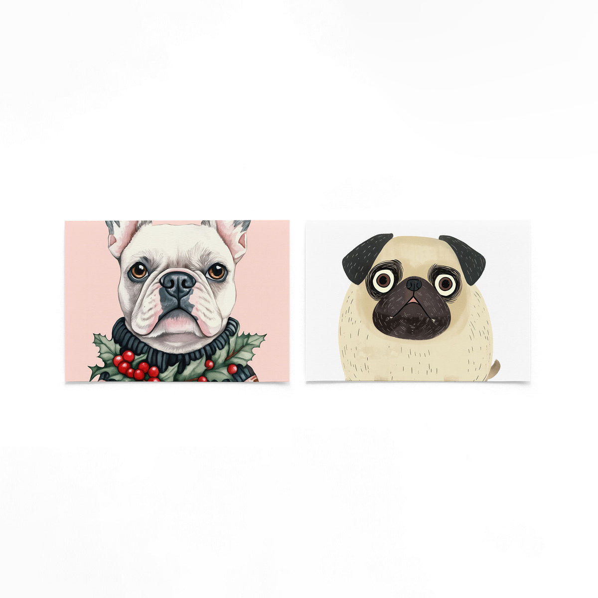 Twee liggende posters met een gedetailleerde tekening van een hond met een sjaal versierd op een gebroken witte achtergrond