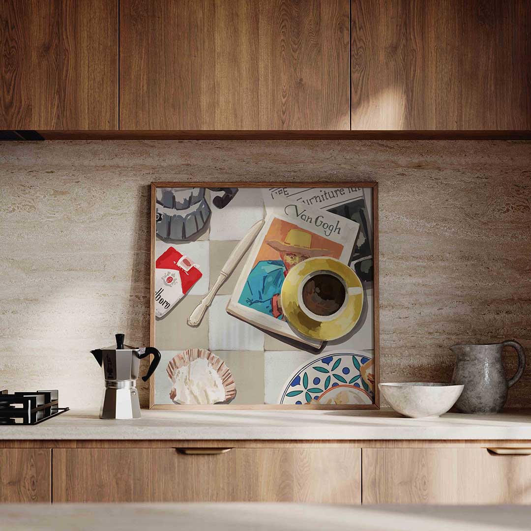 Stilleven met koffie en boek Poster
