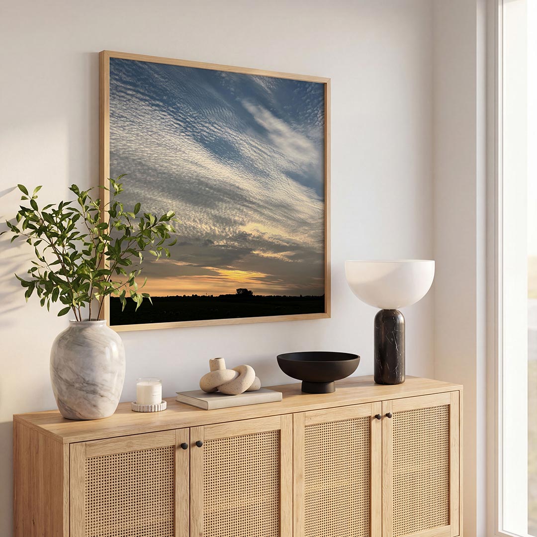 Luchtlandschap bij zonsondergang Poster