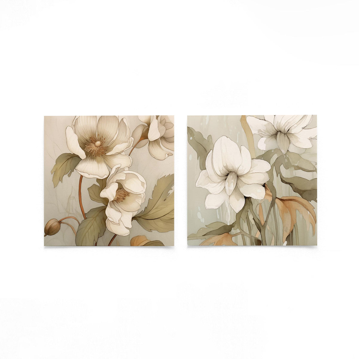 Twee vierkante posters met witte bloemen op een gebroken witte achtergrond