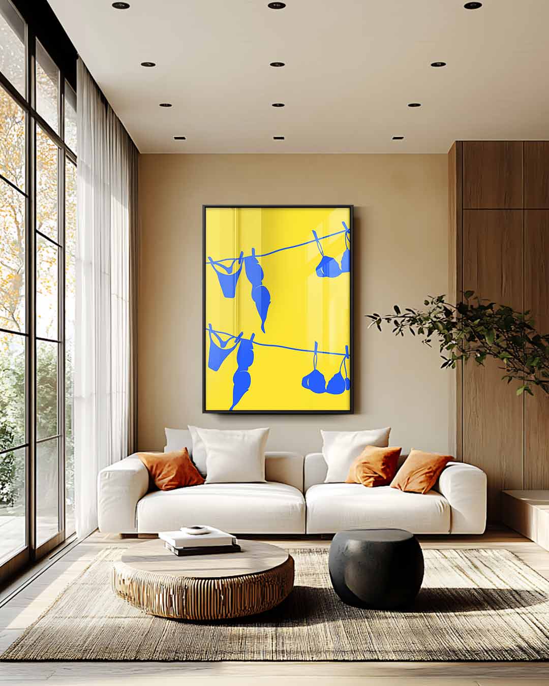 Blauw Wasgoed op Gele Draad Kunstwerk-canvas-dibond-plexiglas-wanddecoratie-WallArtistic