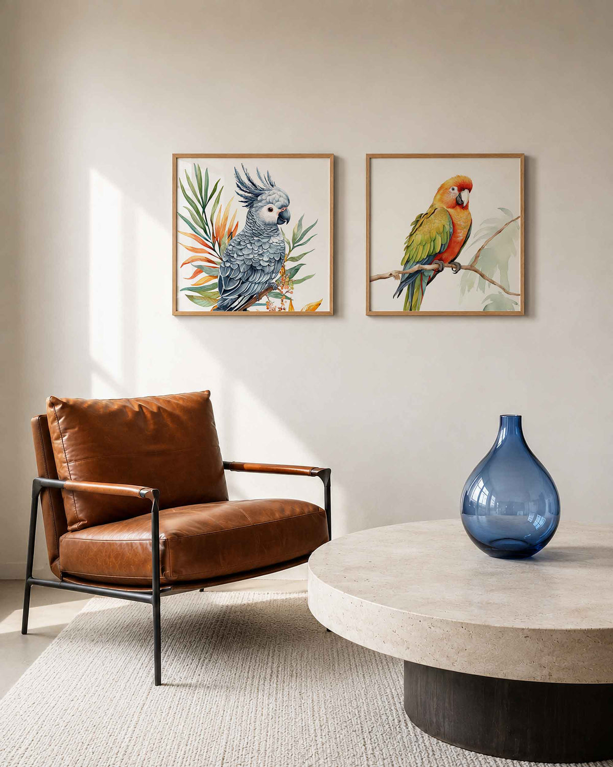 Interieurpresentatie van een tweedelige vierkante posterset met papegaai en ara