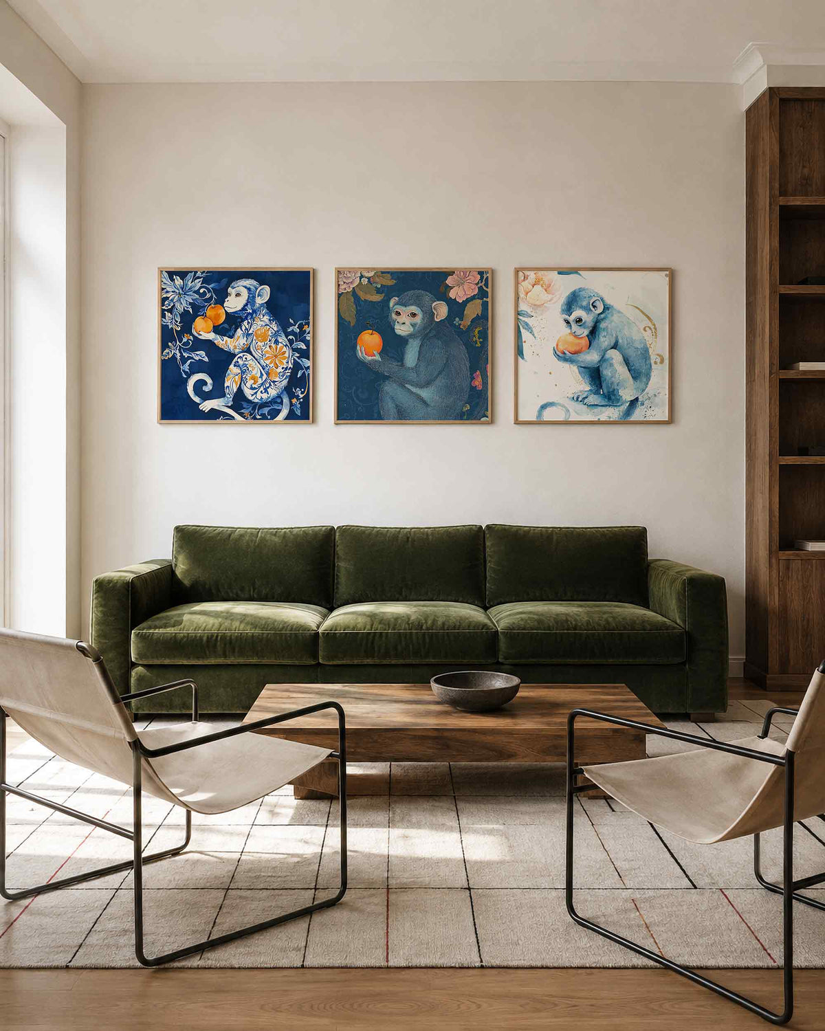 Interieurpresentatie van een driedelige vierkante posterset met aapjes met sinaasappels
