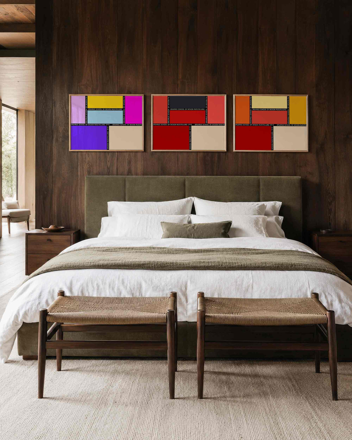 Interieurmockup van drieluik landscape-posterset met kleurvlakken en typografische banden