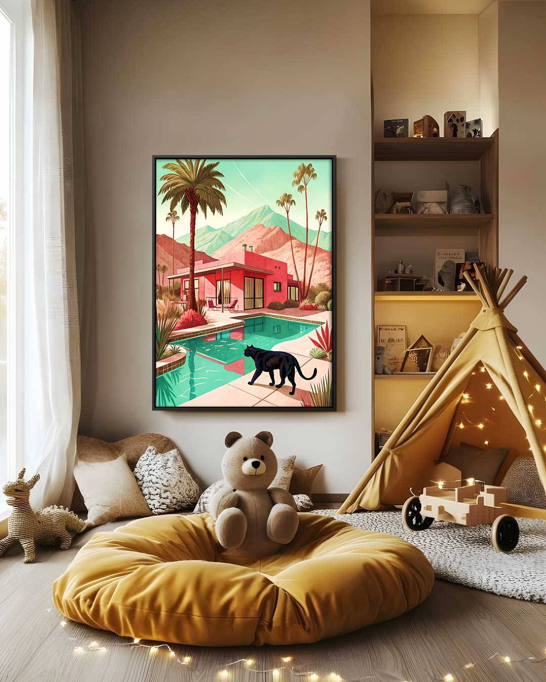 Modern Droomhuis met Zwarte Kat Kunstwerk