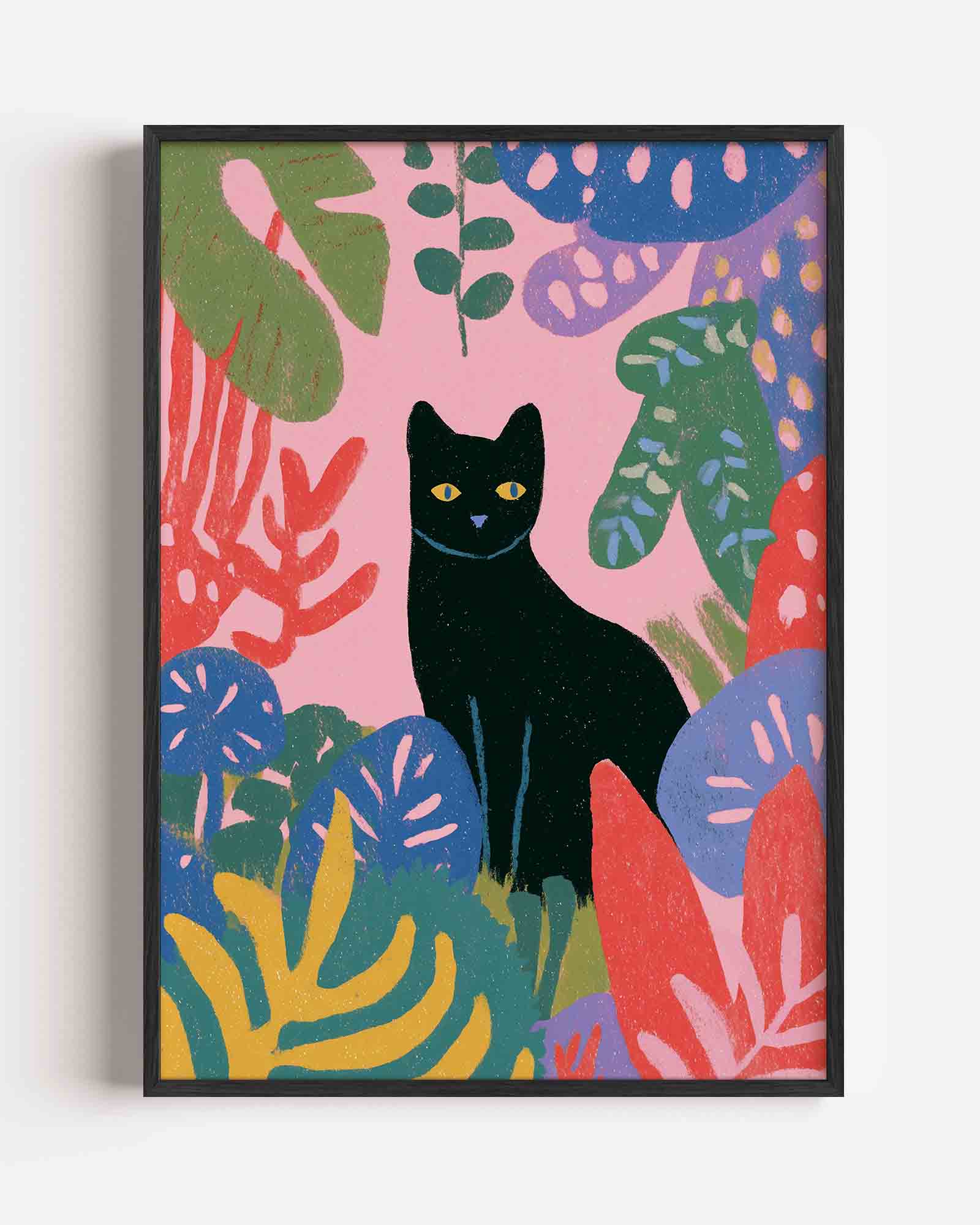 Zwarte kat en bladeren Poster