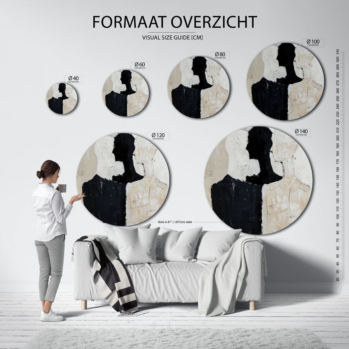 Silhouetten in zwart en beige Muurcirkel