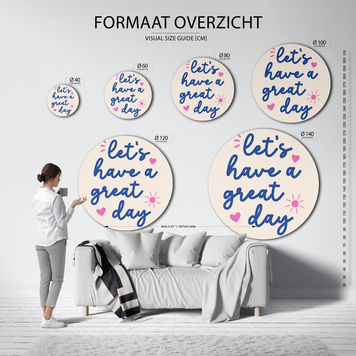 Blauwe tekst en roze accenten Muurcirkel