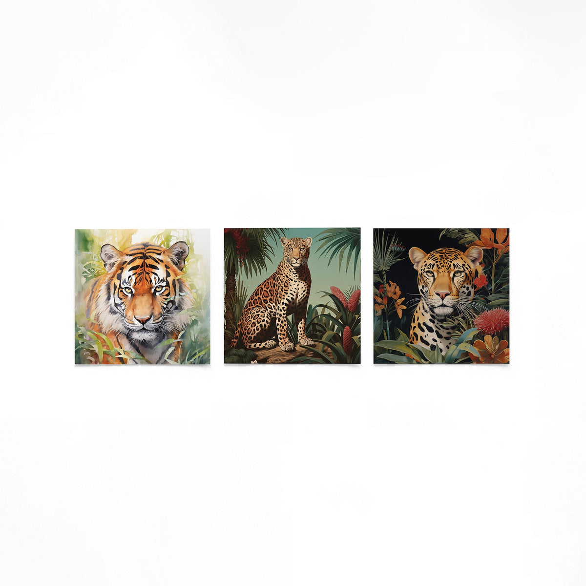 Drie vierkante posters met tropische katachtigen op een gebroken witte achtergrond