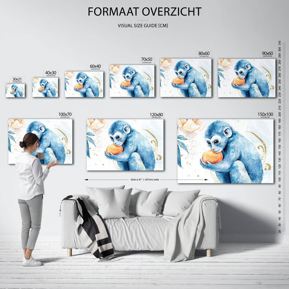 Blauwe aap met sinaasappel Poster