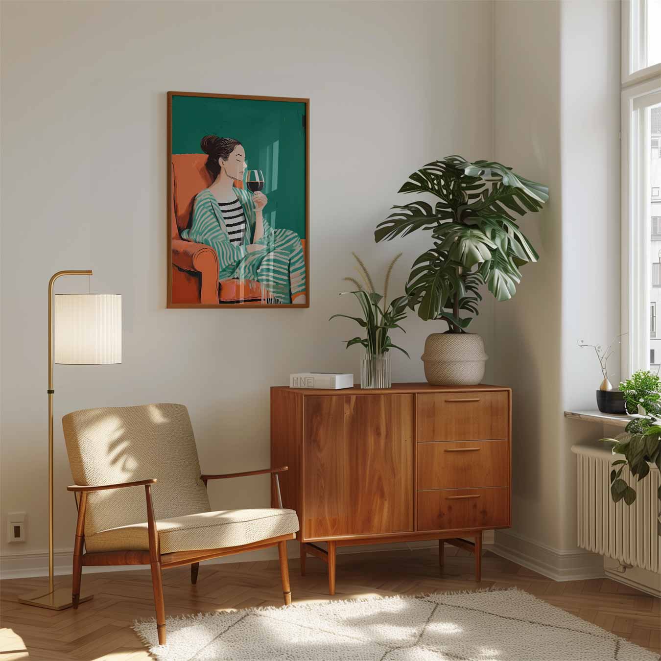 Verfijnde Ontspanning: Vrouw met Wijnglas Poster-WallArtistic