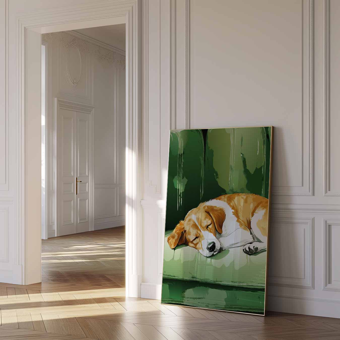 Slapende Hond op Groene Bank Poster-WallArtistic