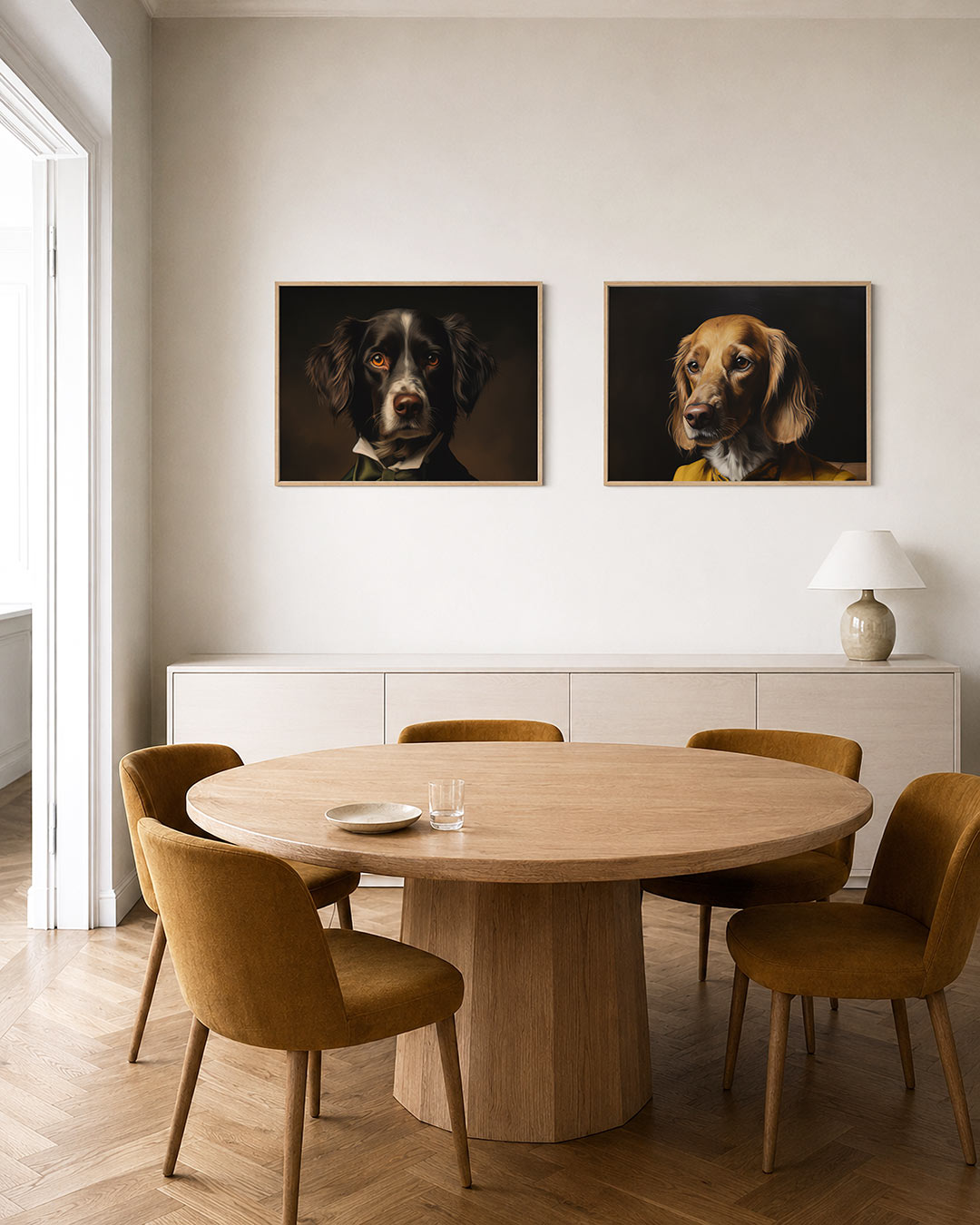 Tweedelige posterset met een hond met een donkere vacht en levendige ogen met een groene strik, getoond in een interieur