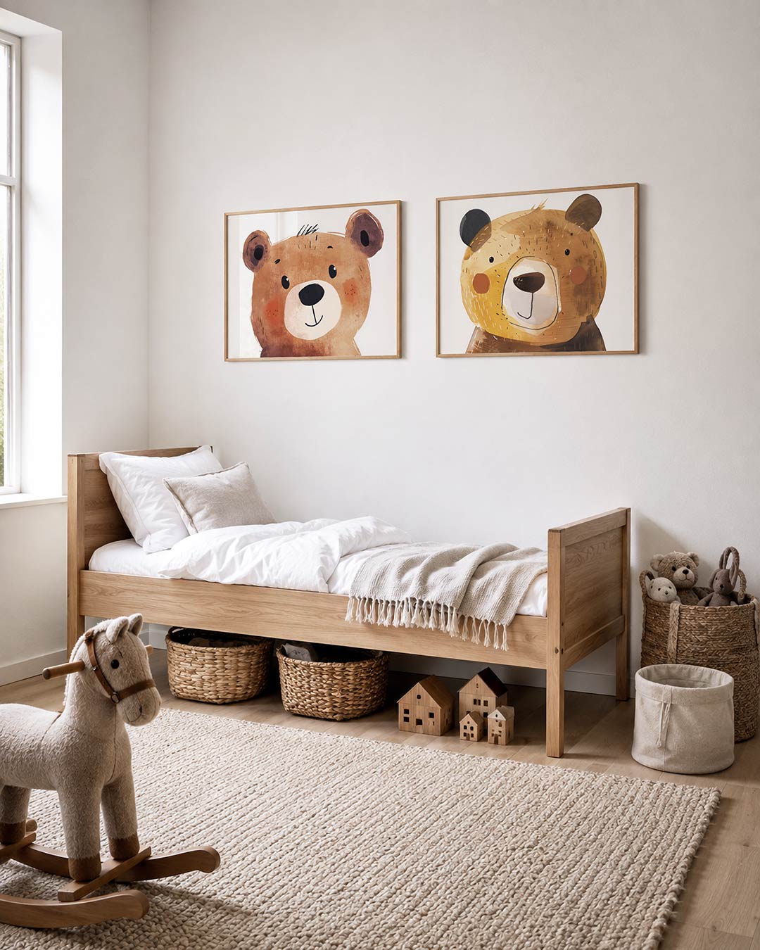 Tweedelige posterset met donkere tinten en een rustige visuele opbouw, getoond in een interieur