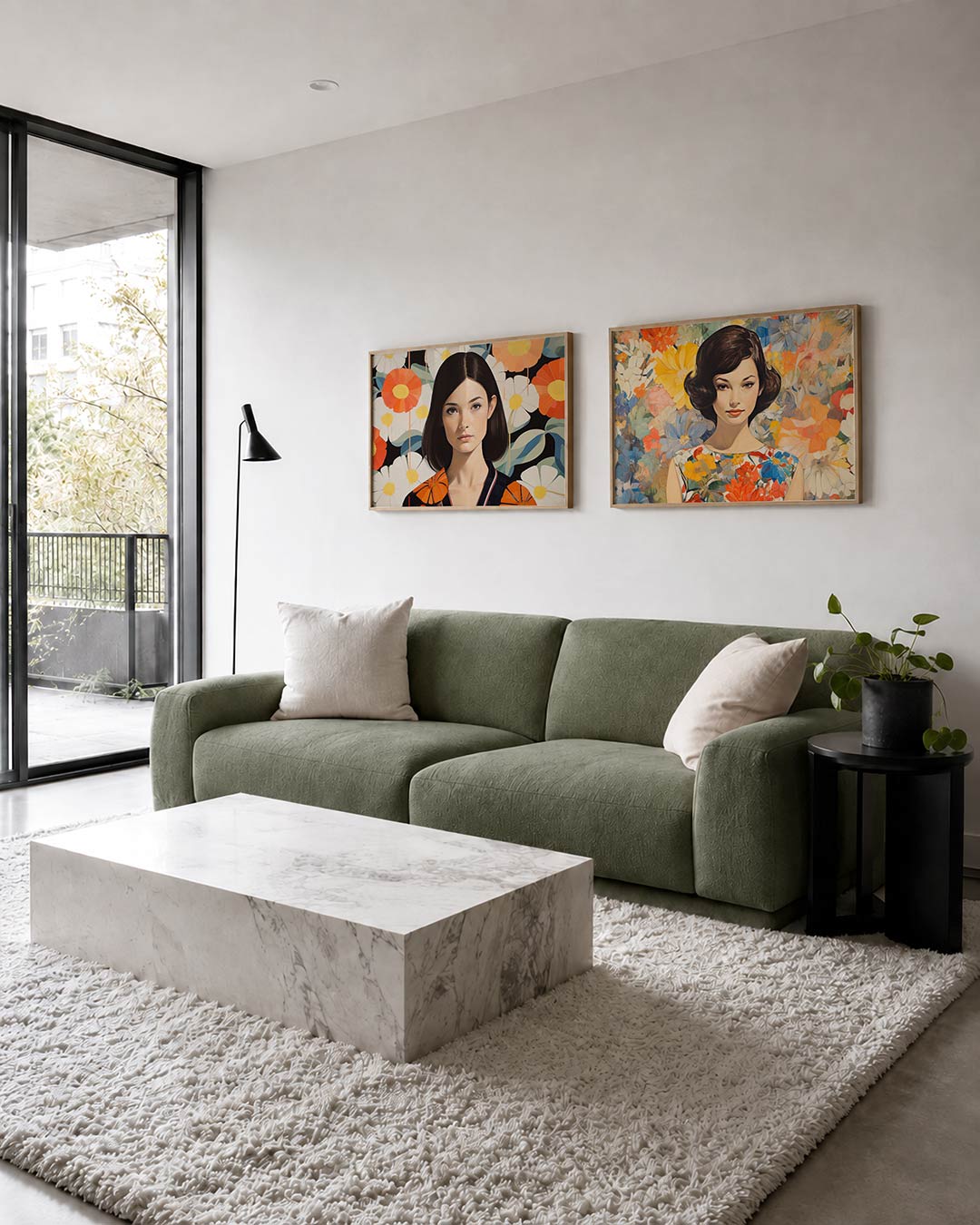 Tweedelige posterset met een vrouw met donkere haren centraal, getoond in een interieur