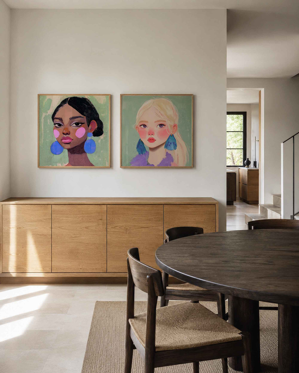 Interieurpresentatie van een tweedelige vierkante posterset met vrouwenportretten