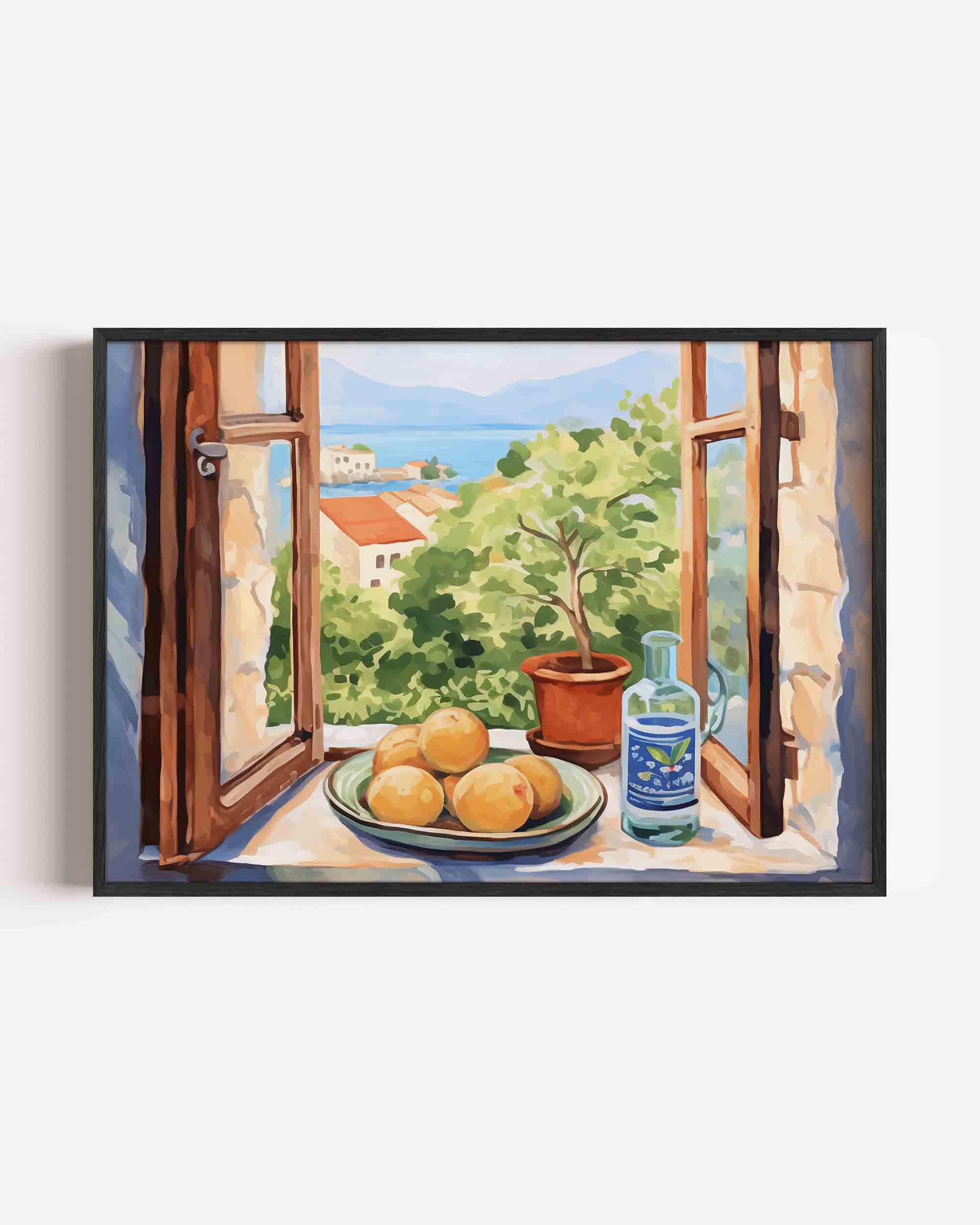 Uitzicht met citrus en fles Poster