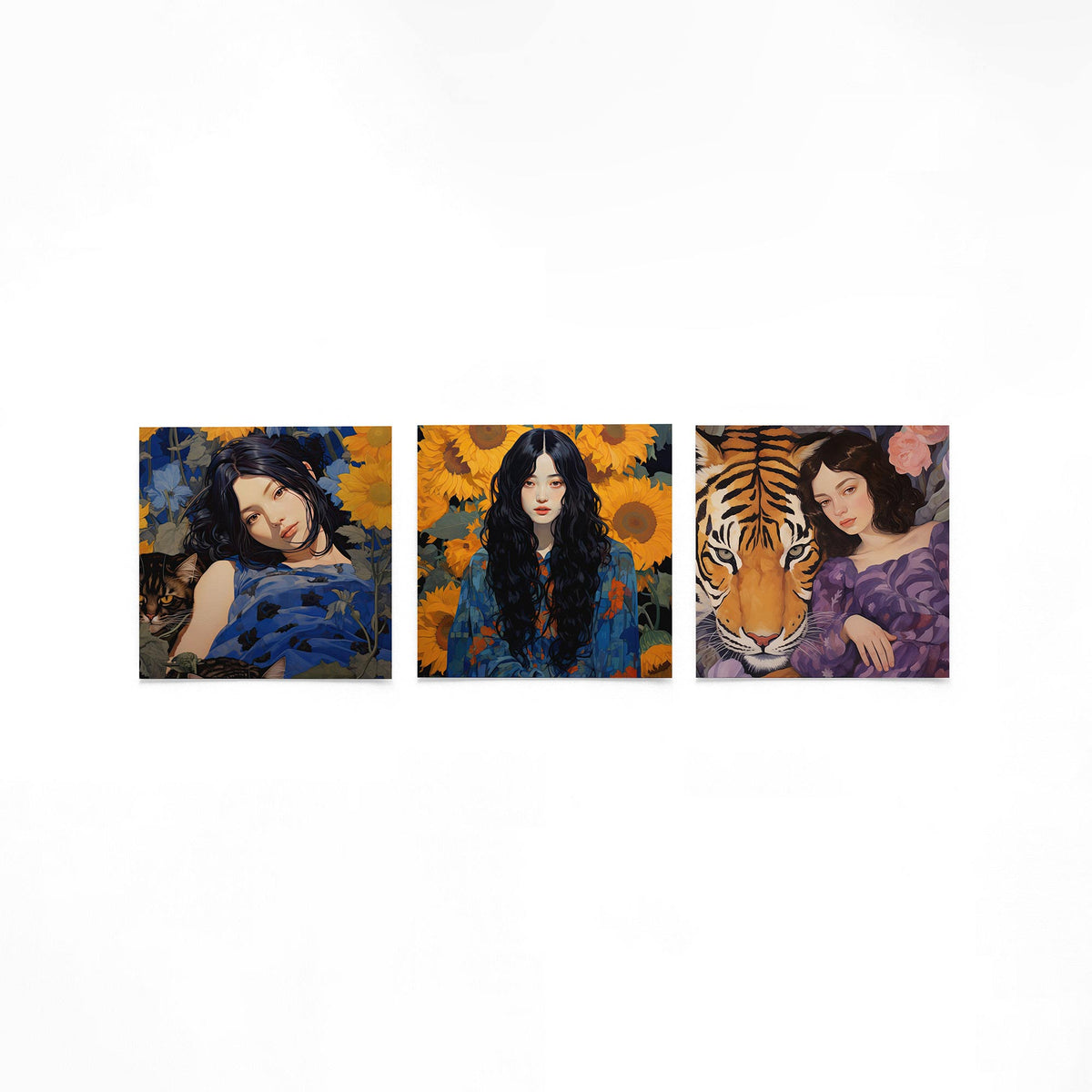 Drie vierkante posters met vrouwen dieren bloemen op een gebroken witte achtergrond