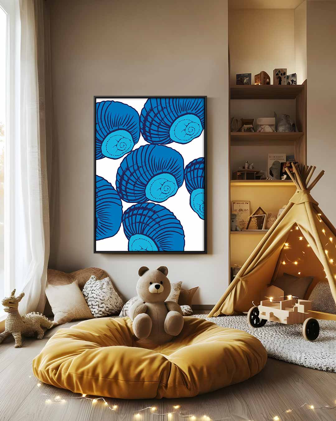 Blauw Gedraaid Schelpenkunstwerk Kunstwerk-canvas-dibond-plexiglas-wanddecoratie-WallArtistic
