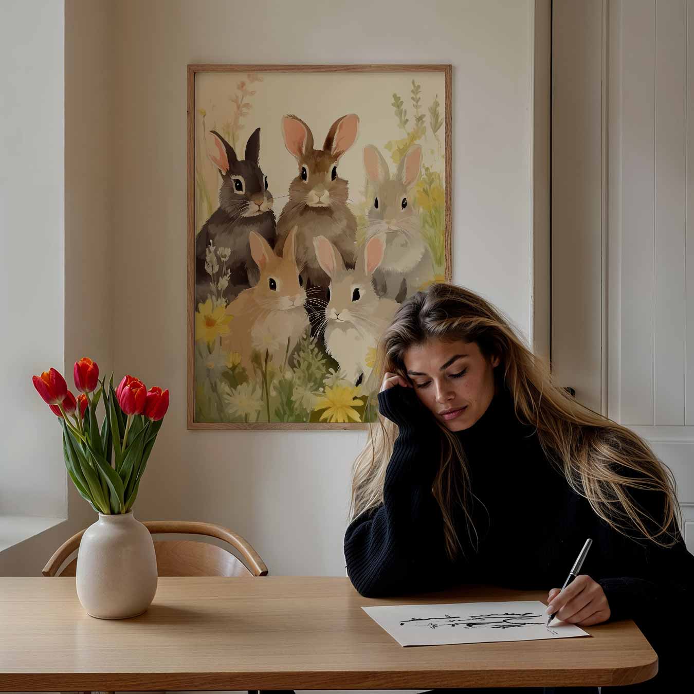 Schattige Konijnen in Bloemenveld Poster-WallArtistic