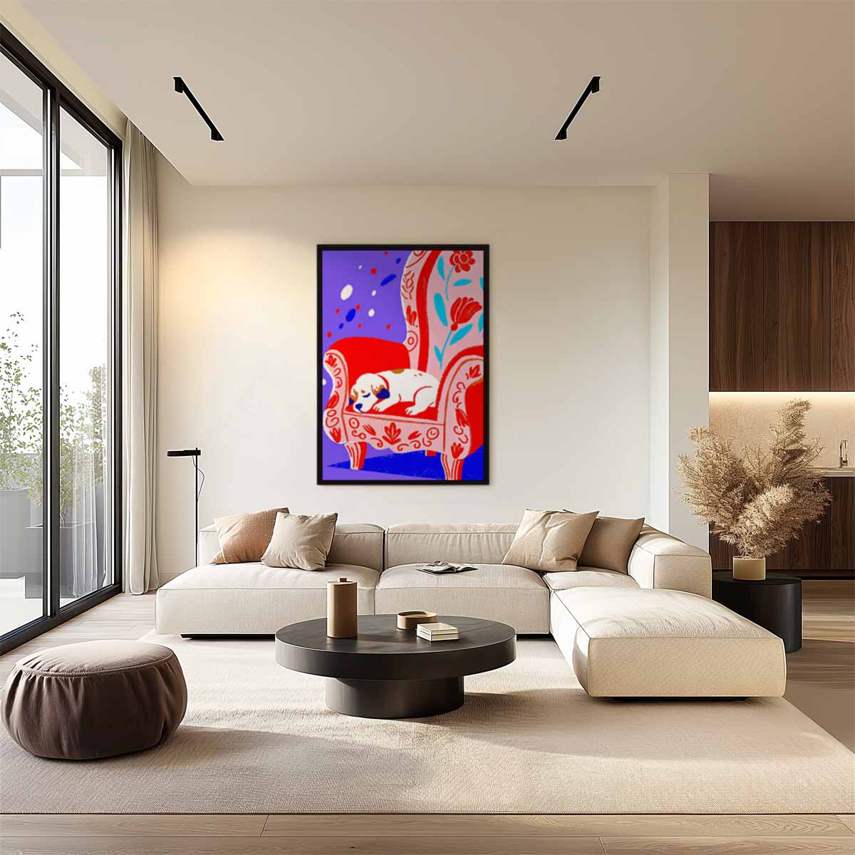 Slapende Hond op Rood Stoel Kunstwerk-canvas-dibond-plexiglas-wanddecoratie-WallArtistic