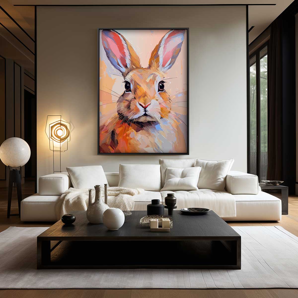 Schilderij van een nieuwsgierige haas Kunstwerk-canvas-dibond-plexiglas-wanddecoratie-WallArtistic