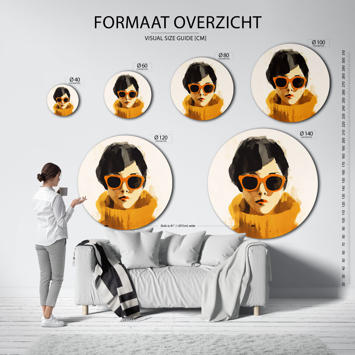 Vrouw met oranje zonnebril Muurcirkel