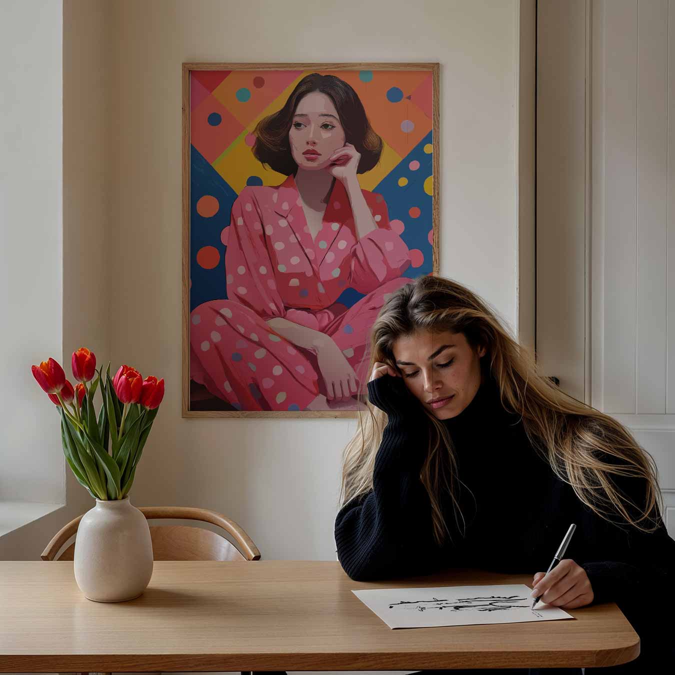 Vrolijke Vrouw in Stippen Poster-WallArtistic
