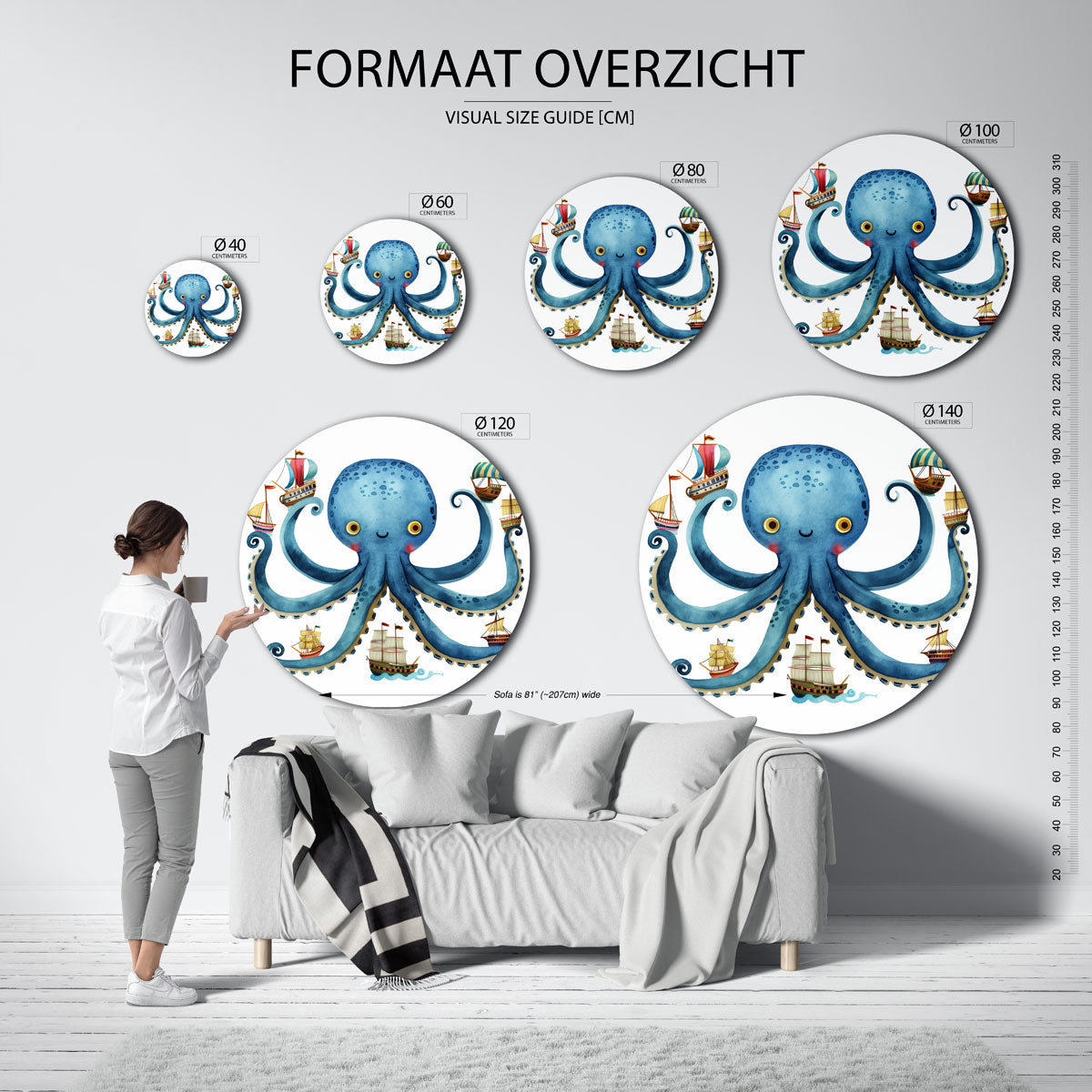 Blauwe octopus met schepen Muurcirkel