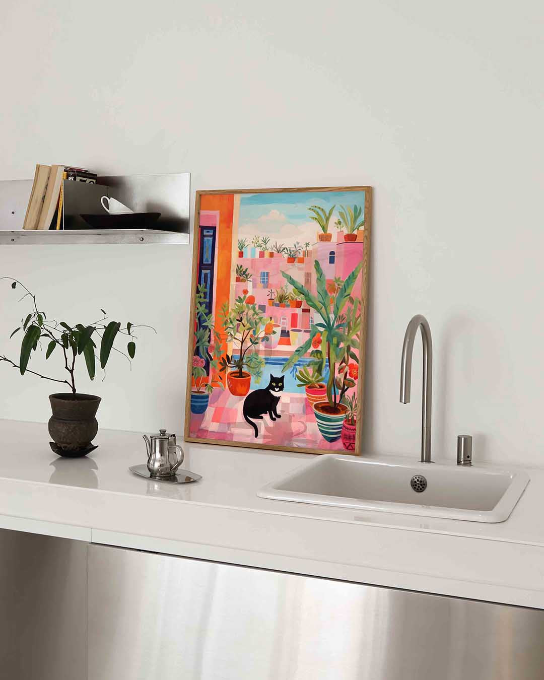 Zwarte kat en planten Poster
