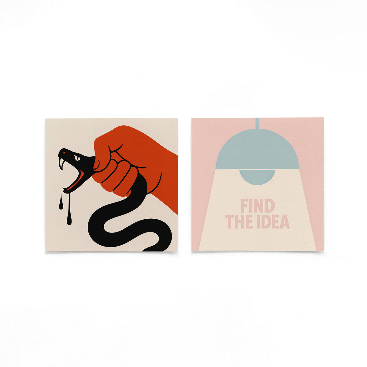 Twee vierkante posters met slang en idee op een gebroken witte achtergrond