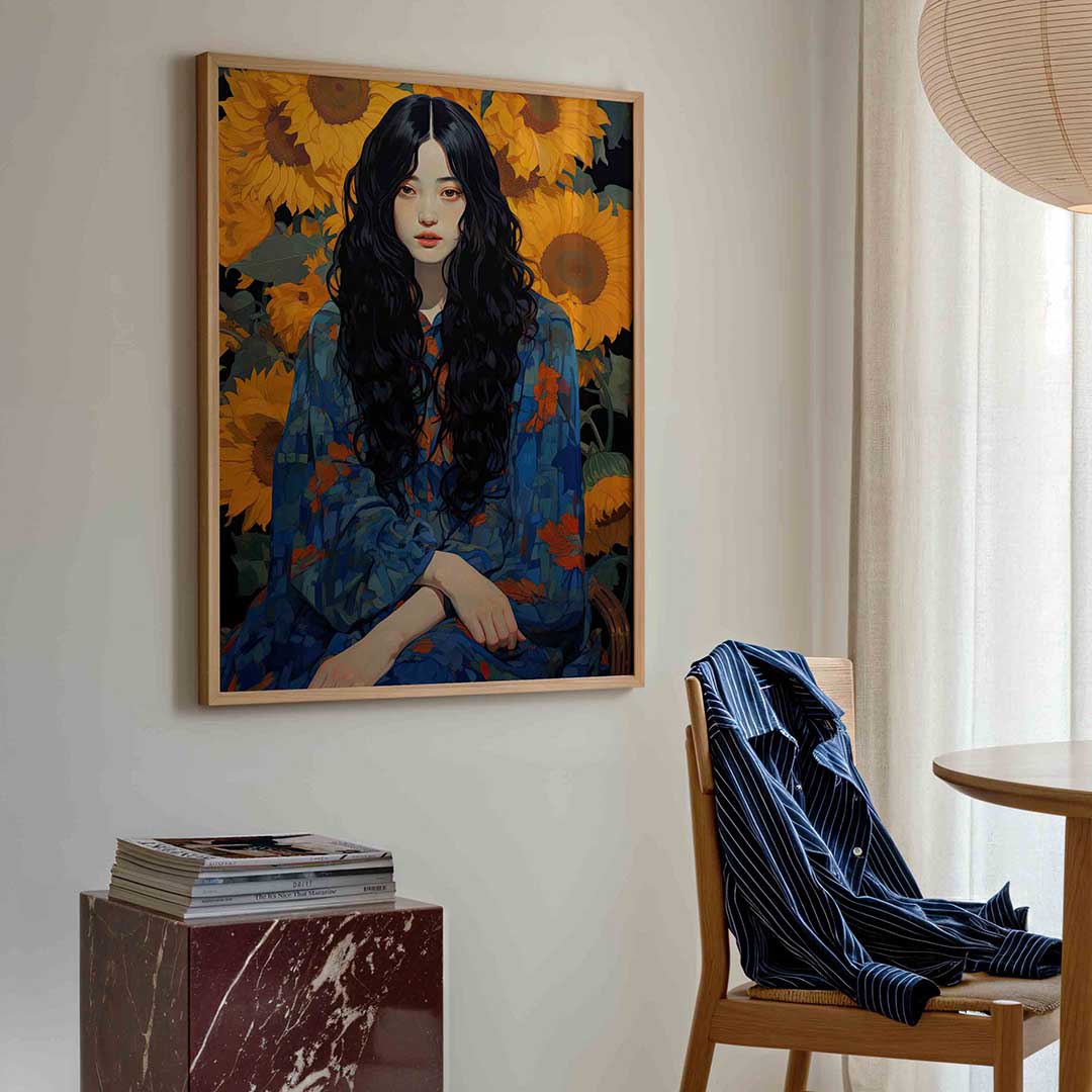 Vrouw met zonnebloemen Poster