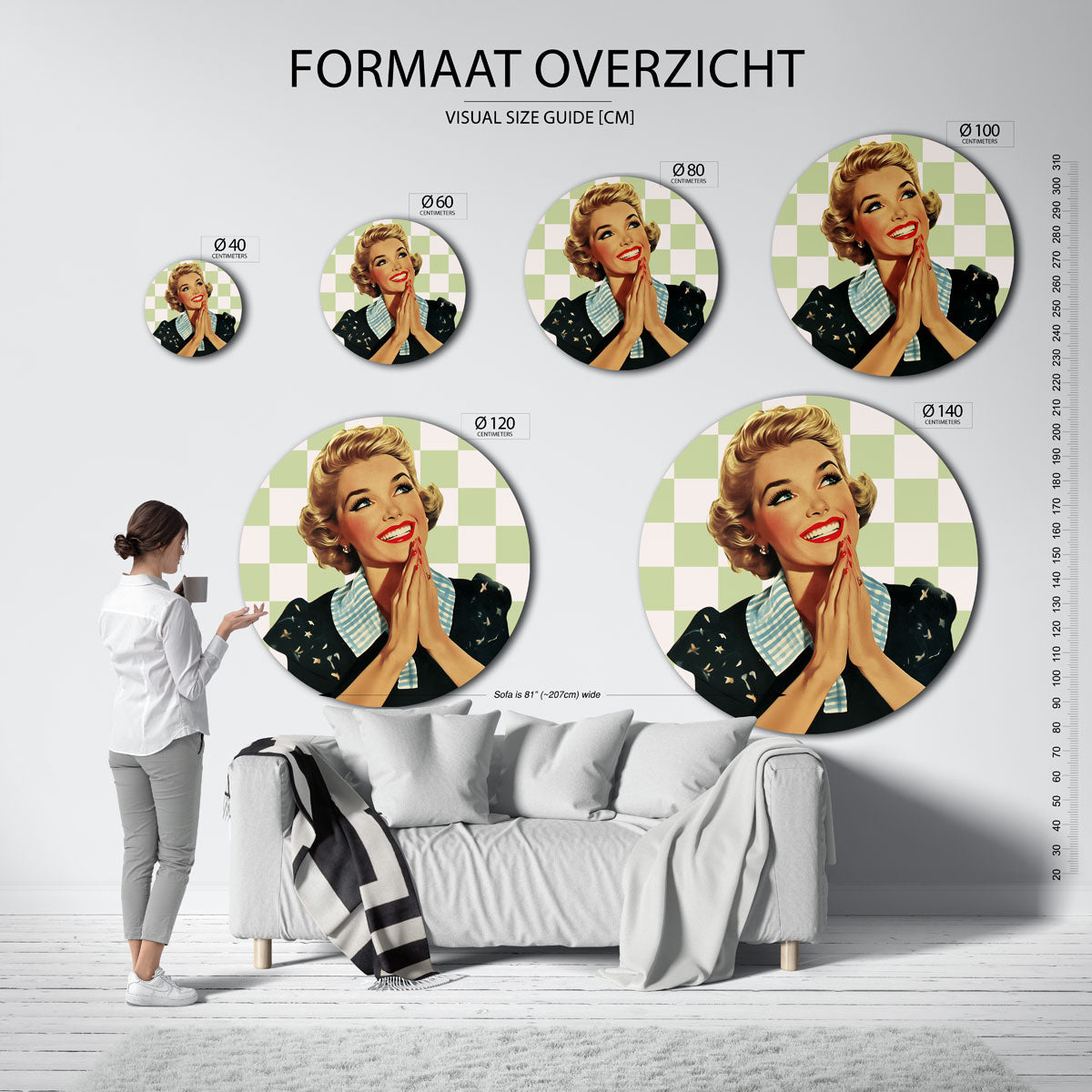 Vrouw met geruite achtergrond Muurcirkel